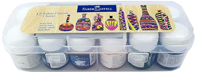 Faber-Castell Fabric Colours for Painting – 10ml x 12 Shades | Fabric Paint Set for Clothes, Bags, Cushions & More