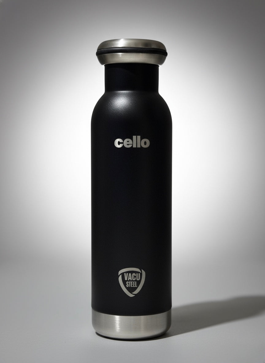Black insulated bottle with 'cello' branding on a gray background