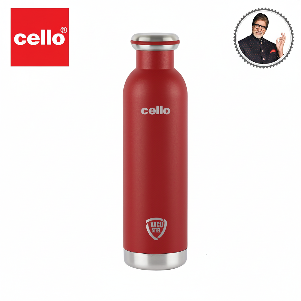 Cello Vacu Steel Insulated Stainless Steel Water Bottle - 900ml, Ruby Red