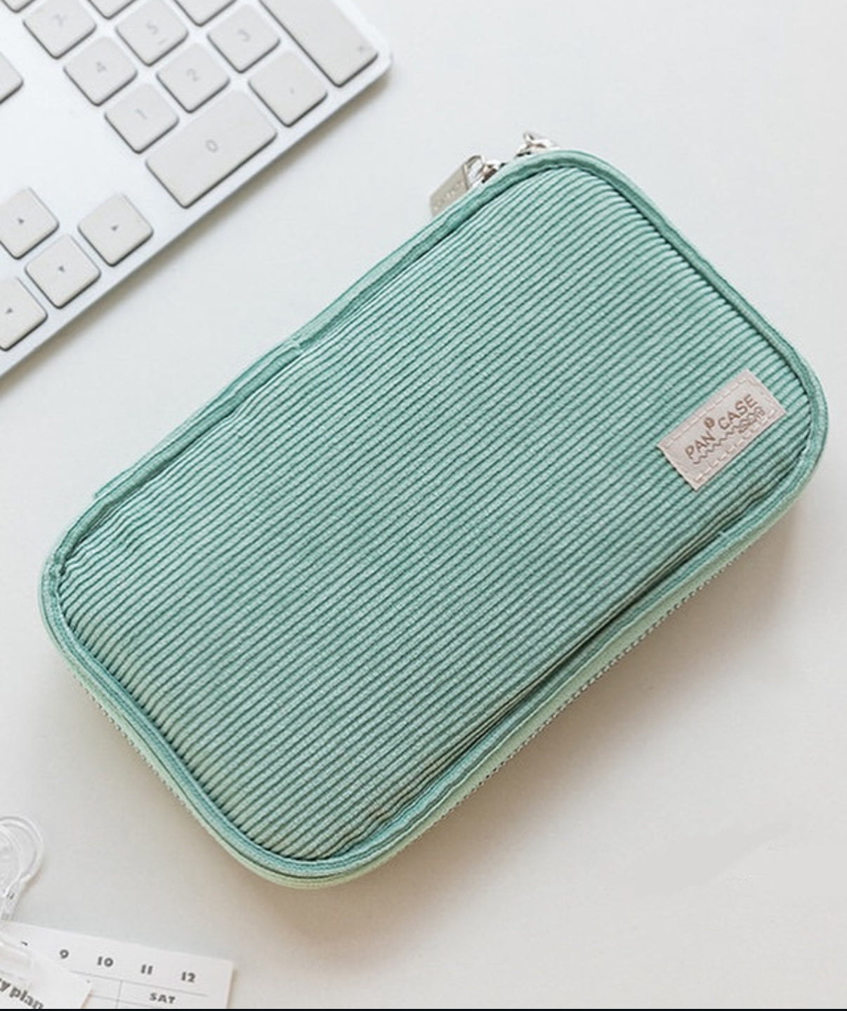 Minimal Ribbed Fabric Zipper Pencil Case – Sage Green