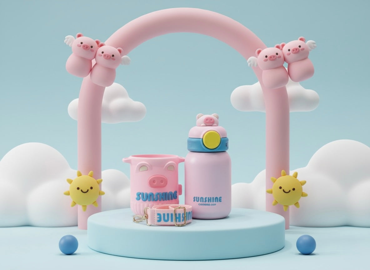 Pink Piggy Sunshine Sippy Bottle for Children with Carry Strap