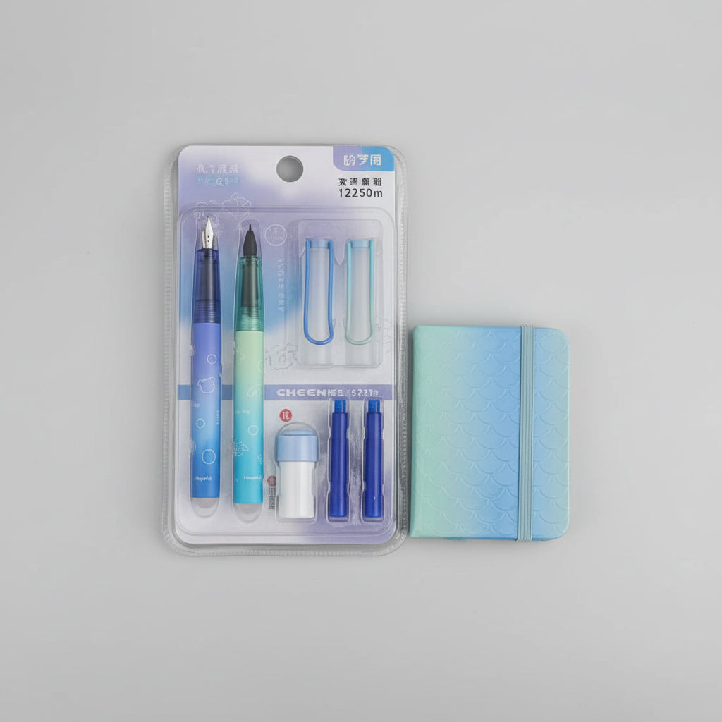 Chrenka Erasable Fountain & Rollerball Pen Set (Blue & Green Gradient) With Pocket Diary
