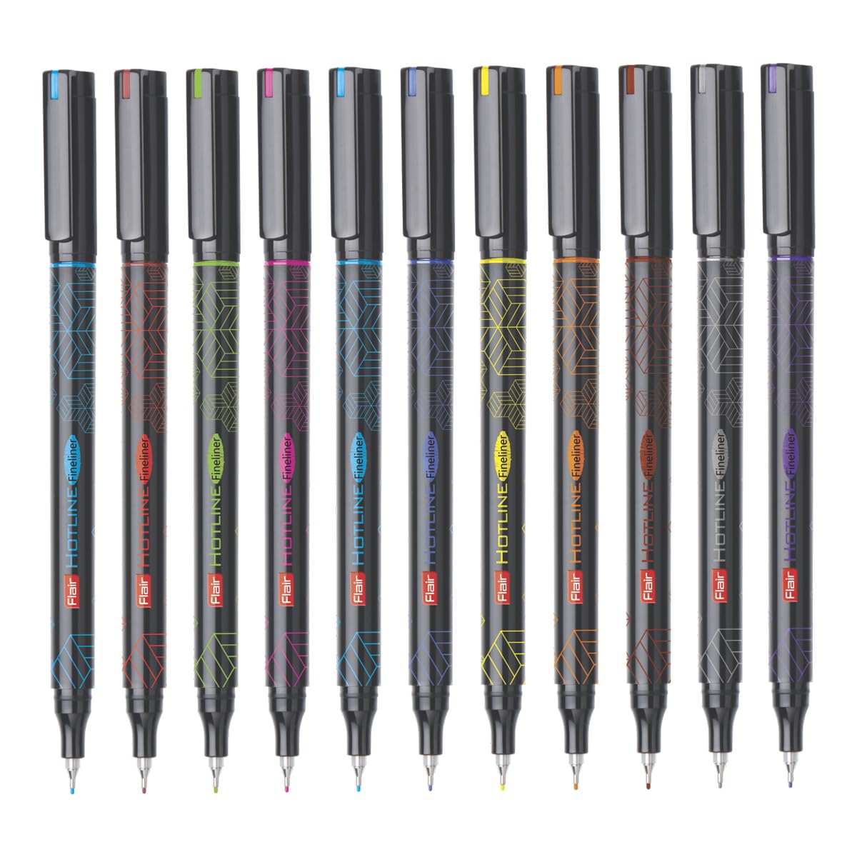 FLAIR Hotline Metal Tip Fineliner Pen (Pack of 10, Black, Yellow, Green, Red, Blue, Pink, Purple, Brown, Orange, Light Blue)