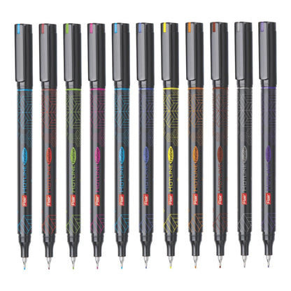 FLAIR Hotline Metal Tip Fineliner Pen (Pack of 10, Black, Yellow, Green, Red, Blue, Pink, Purple, Brown, Orange, Light Blue)