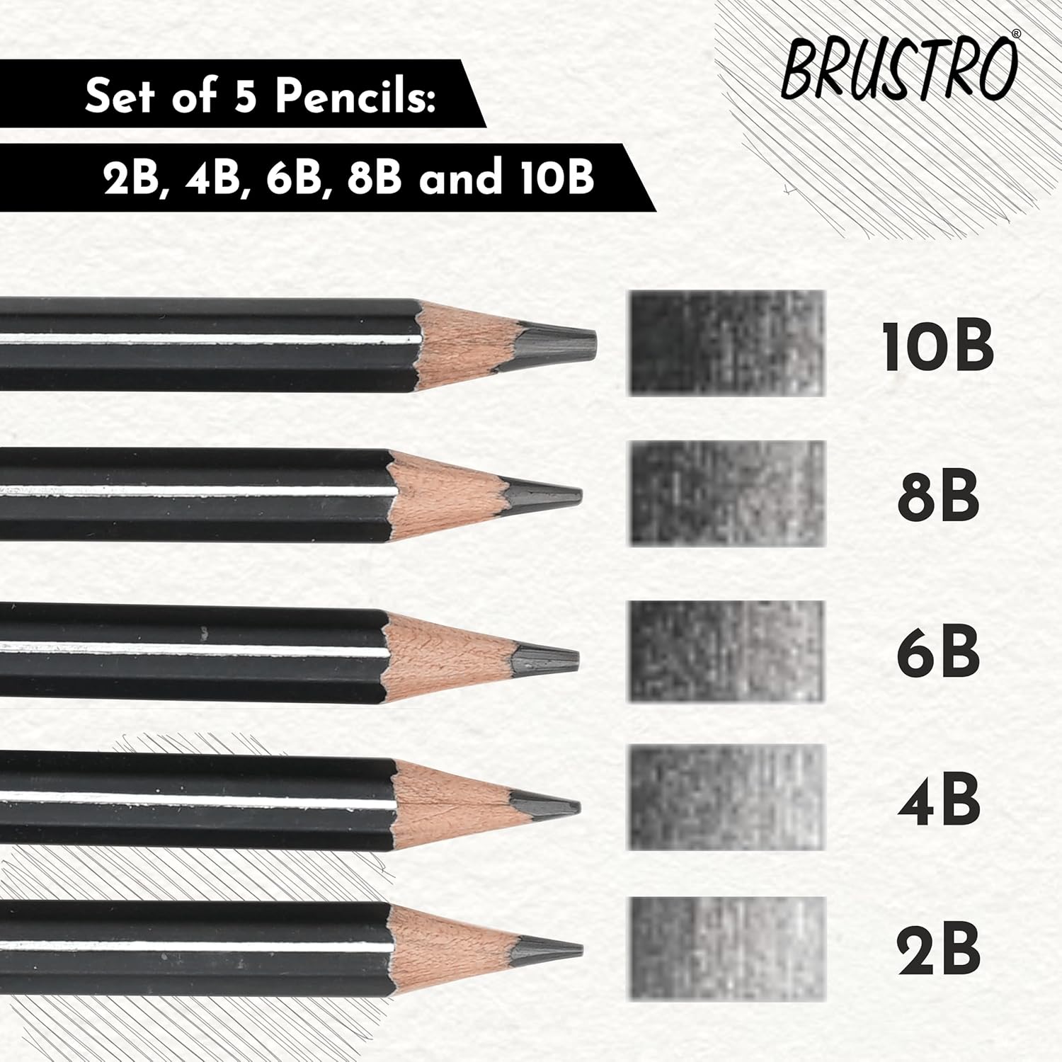 BRUSTRO Artist's Graphite Pencil set | Set of 5 (2B, 4B, 6B, 8B, 10B) |