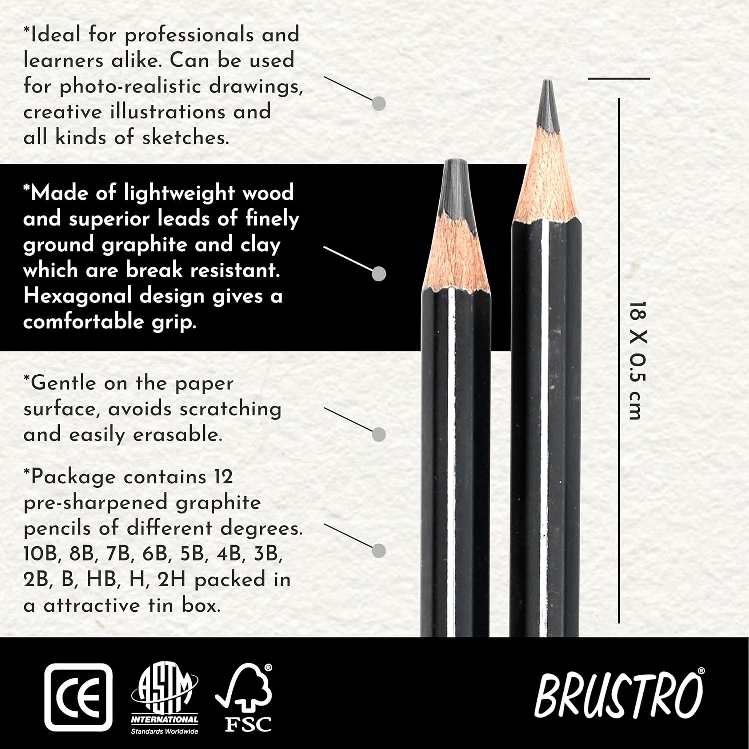 BRUSTRO Artist's Graphite Pencil set | Set of 5 (2B, 4B, 6B, 8B, 10B) |
