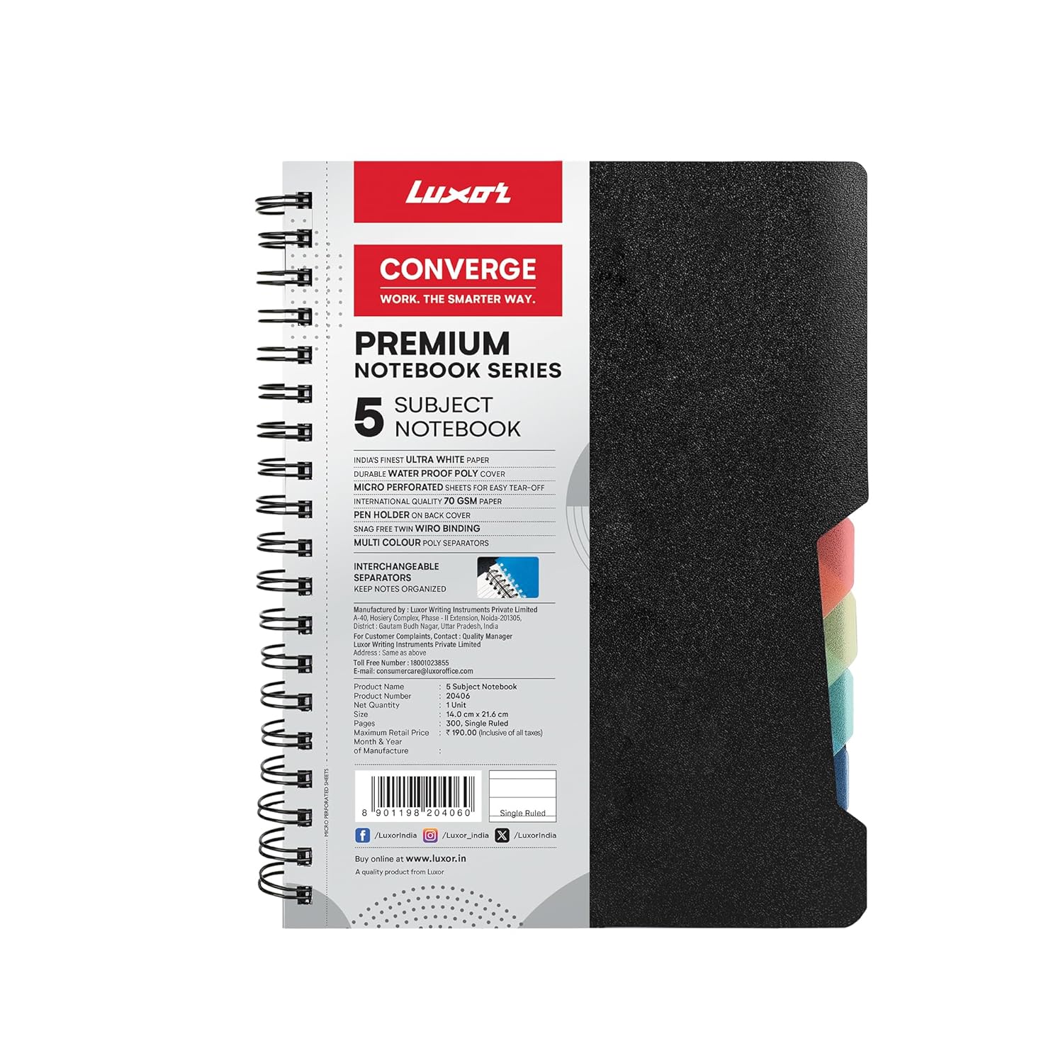 Luxor 5 Subject Single Ruled Notebook - A5 Size