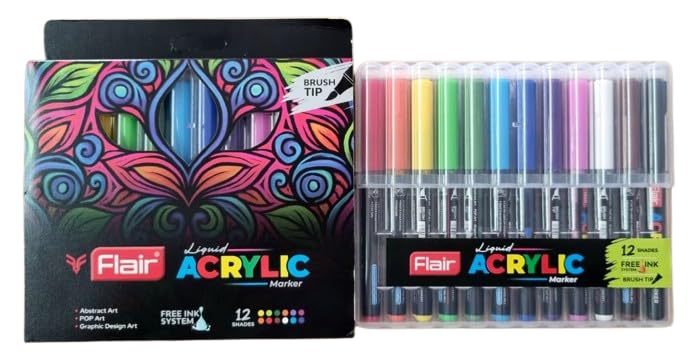 FLAIR Liquid Acrylic Marker 12 Assorted Shades With Brush Tip