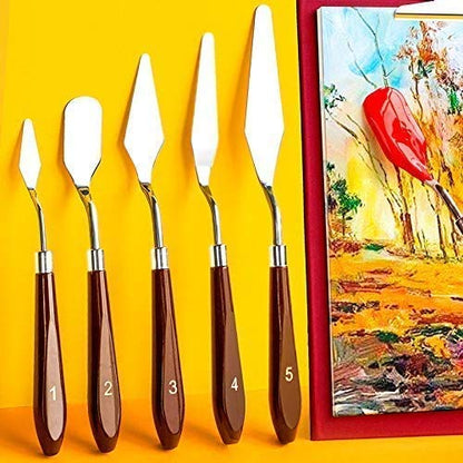 Grandink Palette Painting Knives - Set of 5 Various Sizes & Shapes, Stainless Steel Scraper Spatula with Polished Brown Handle for Artist Canvas Oil Paint Mixing colour