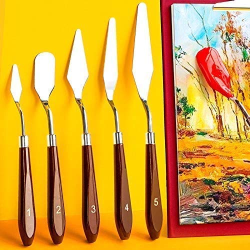 Grandink Palette Painting Knives - Set of 5 Various Sizes & Shapes, Stainless Steel Scraper Spatula with Polished Brown Handle for Artist Canvas Oil Paint Mixing colour