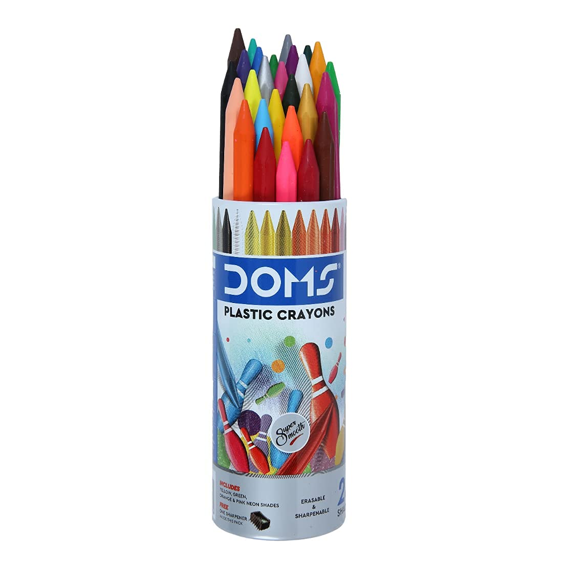 Doms 28 Shades Erasable Plastic Crayons Round Tin Box|
