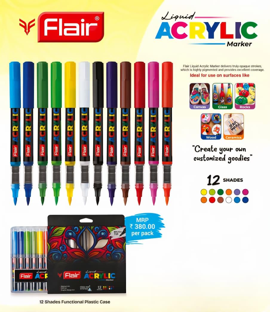 FLAIR Liquid Acrylic Marker 12 Assorted Shades With Brush Tip