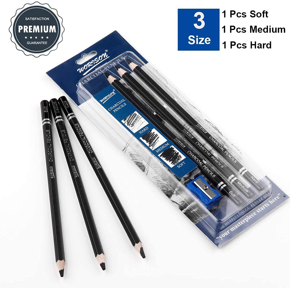 Worison Artist Black Charcoal Pencils Set - 3 Pieces