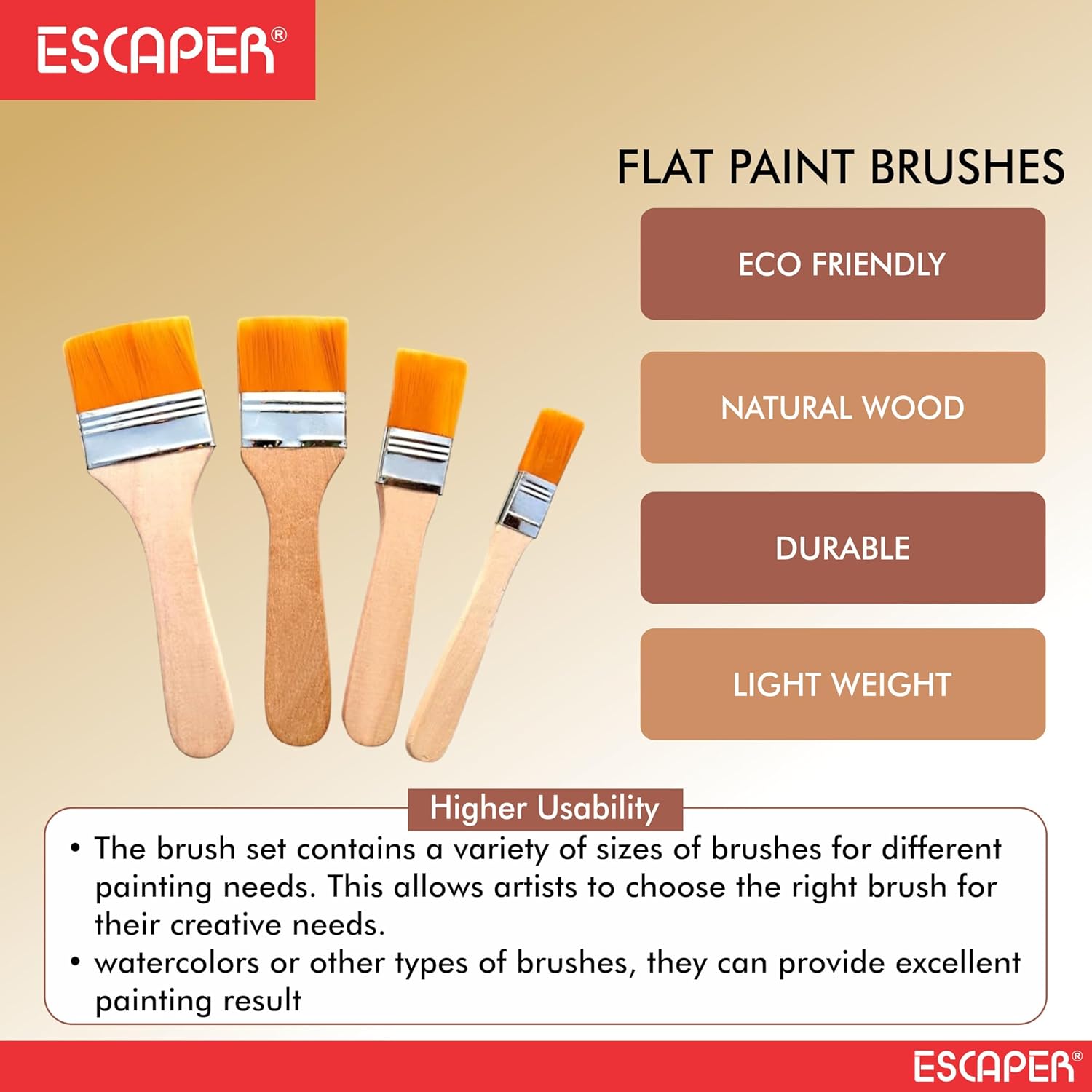 Flat Geeso Brush (Pack of 4) Flat Paddle Paint Brushes for Acrylic, Oil & Watercolour