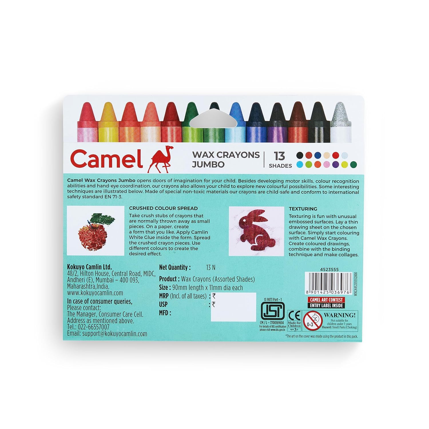 Camel Wax Crayons + 1 Glitter Shade Free - 12 Shades