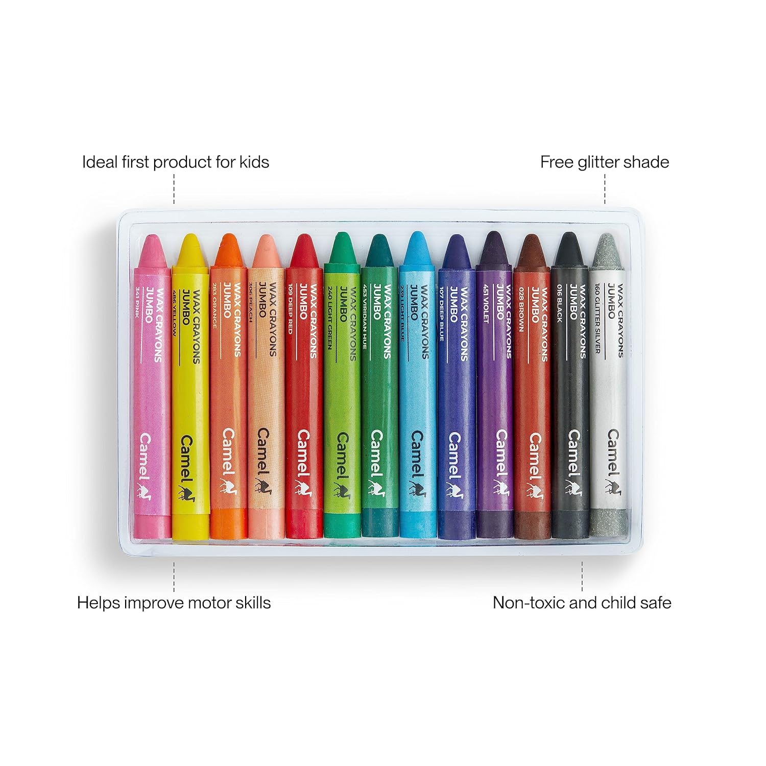 Camel Wax Crayons + 1 Glitter Shade Free - 12 Shades