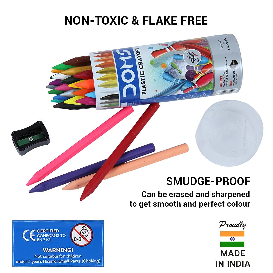Doms 28 Shades Erasable Plastic Crayons Round Tin Box|