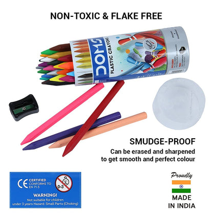 Doms 28 Shades Erasable Plastic Crayons Round Tin Box|