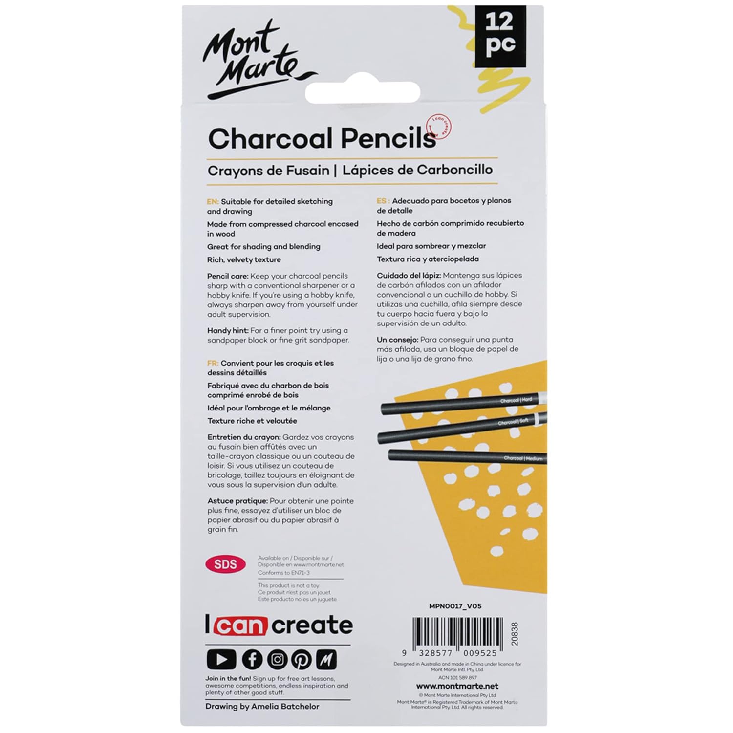 Mont Marte Charcoal Pencils 12pce