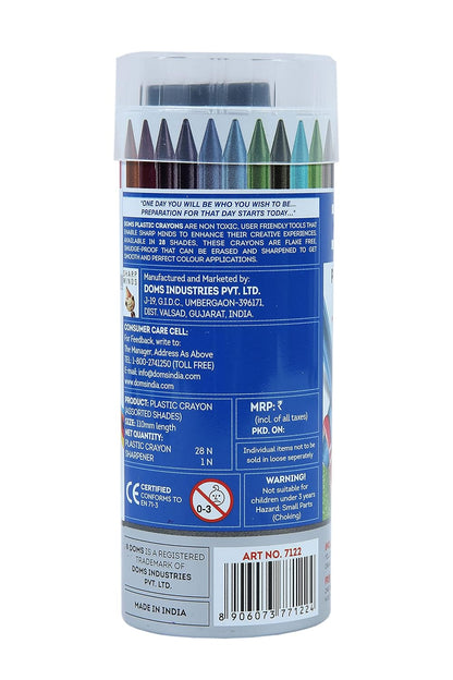 Doms 28 Shades Erasable Plastic Crayons Round Tin Box|