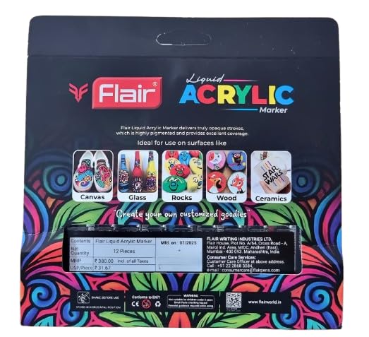 FLAIR Liquid Acrylic Marker 12 Assorted Shades With Brush Tip