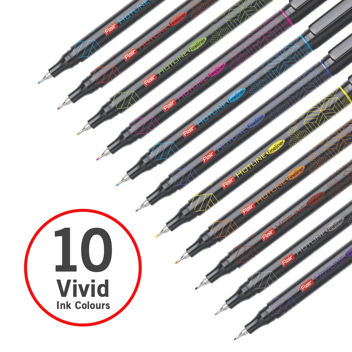 FLAIR Hotline Metal Tip Fineliner Pen (Pack of 10, Black, Yellow, Green, Red, Blue, Pink, Purple, Brown, Orange, Light Blue)