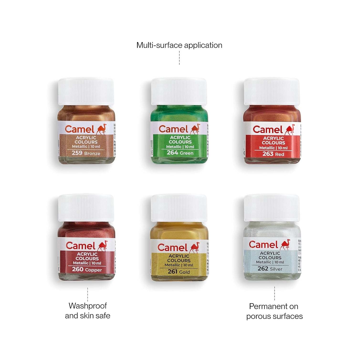 Camel Acrylic Metallic Color - 10ml each, 6 Shades