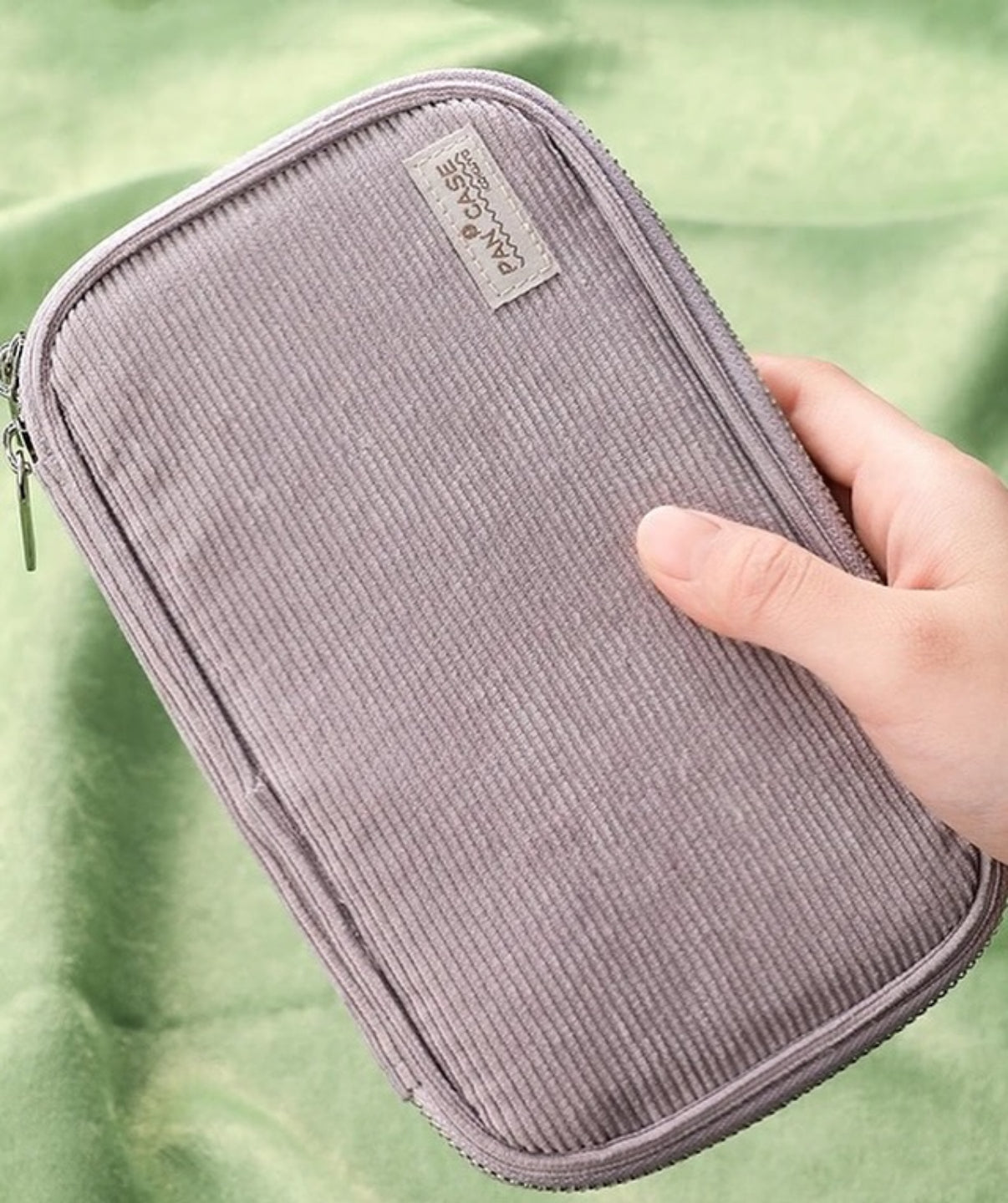 Minimal Ribbed Fabric Zipper Pencil Case – Sage Green