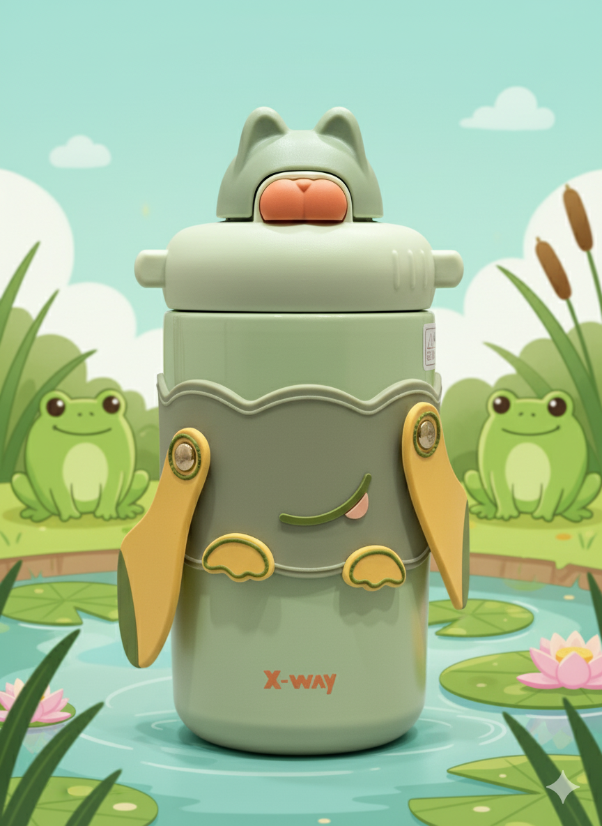 X-WAY Cute Froggy Kids Water Bottle with Handles & Straw