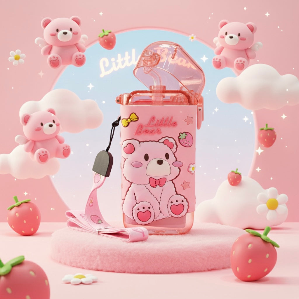 Little Bear Pink Kids Water Bottle with Straw & Strap