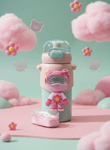 Cute Bear Astronaut Insulated Kids Water Bottle with Strap