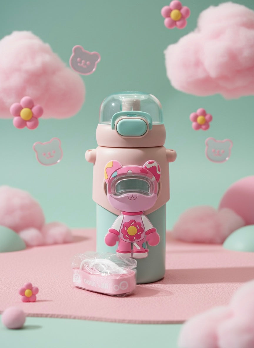 Cute Bear Astronaut Insulated Kids Water Bottle with Strap
