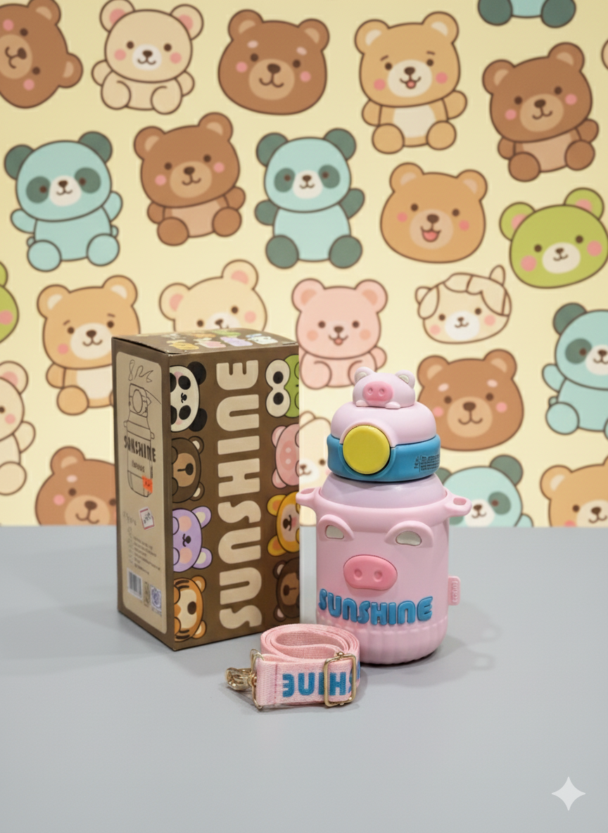 Pink Piggy Sunshine Sippy Bottle for Children with Carry Strap