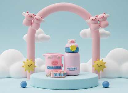 Pink Piggy Sunshine Sippy Bottle for Children with Carry Strap