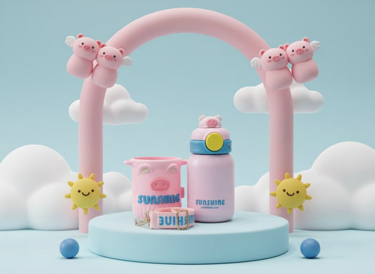 Pink Piggy Sunshine Sippy Bottle for Children with Carry Strap