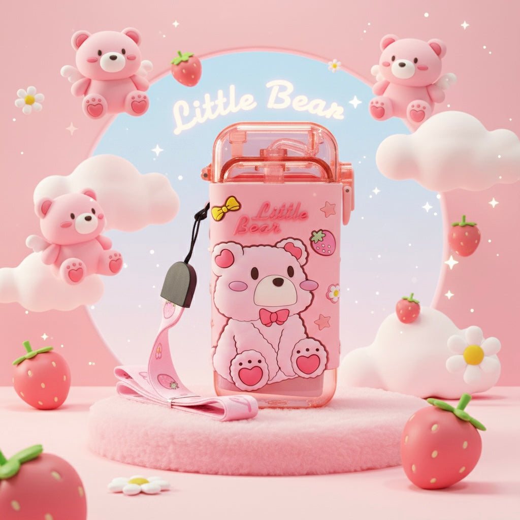 Little Bear Pink Kids Water Bottle with Straw & Strap