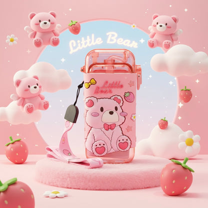 Little Bear Pink Kids Water Bottle with Straw & Strap