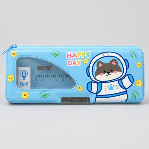 Astronaut Dog Magnetic Pencil Box with Built-in Sharpener – Light Blue